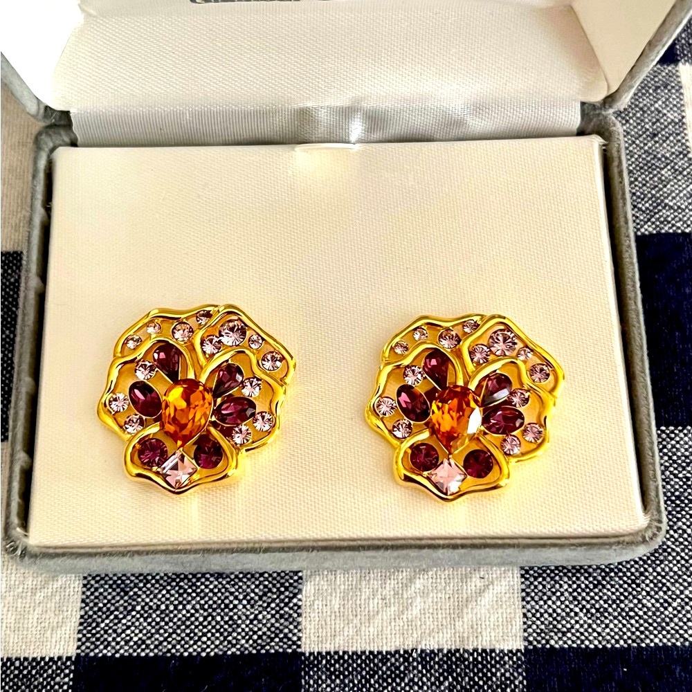 NWT Vintage Nolan Miller Pansy Flower Brooch & Clip-on Earrings